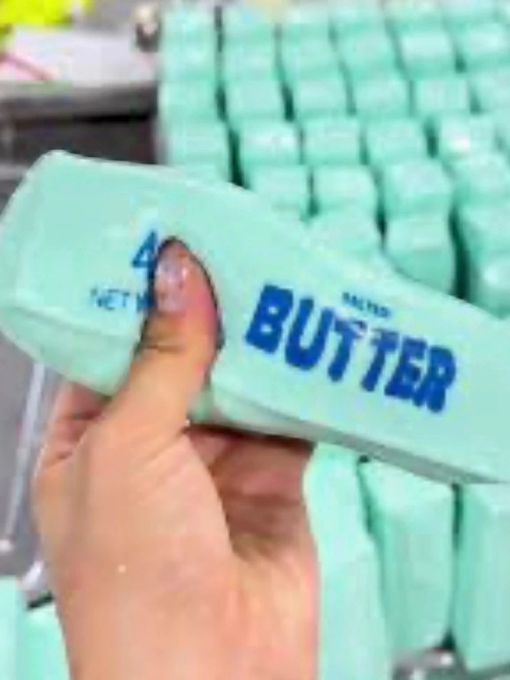 Butter-Shaped Squishy blue, crunchy yellow cheese, moldable pink cheese.